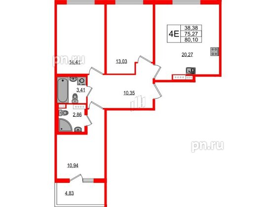 Квартира в ЖК Любоград, 3 комнатная, 75.27 м², 2 этаж