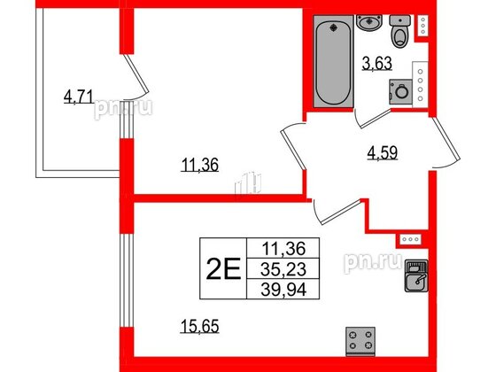 Квартира в ЖК Любоград, 1 комнатная, 35.23 м², 2 этаж