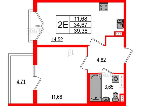 Квартира в ЖК Любоград, 1 комнатная, 34.67 м², 3 этаж