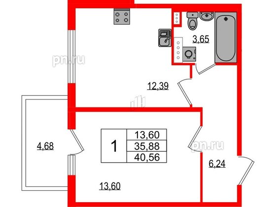 Квартира в ЖК Любоград, 1 комнатная, 35.88 м², 2 этаж