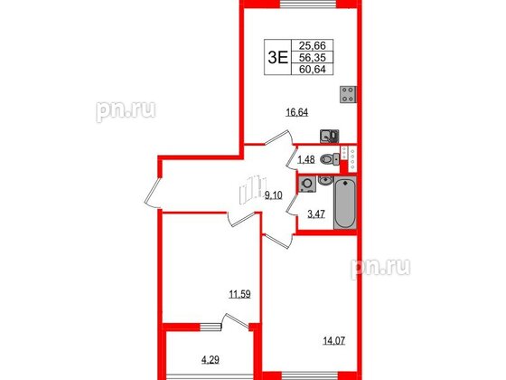 Квартира в ЖК Любоград, 2 комнатная, 56.35 м², 2 этаж