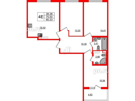 Квартира в ЖК Любоград, 3 комнатная, 75.5 м², 2 этаж