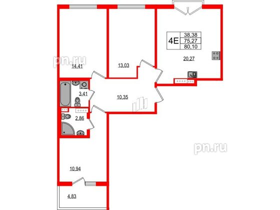 Квартира в ЖК Любоград, 3 комнатная, 75.27 м², 3 этаж