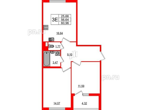 Квартира в ЖК Любоград, 2 комнатная, 56.64 м², 1 этаж