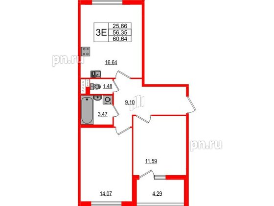 Квартира в ЖК Любоград, 2 комнатная, 56.35 м², 2 этаж