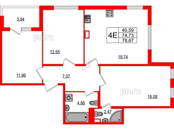 Квартира в ЖК Любоград, 3 комнатная, 74.73 м², 1 этаж