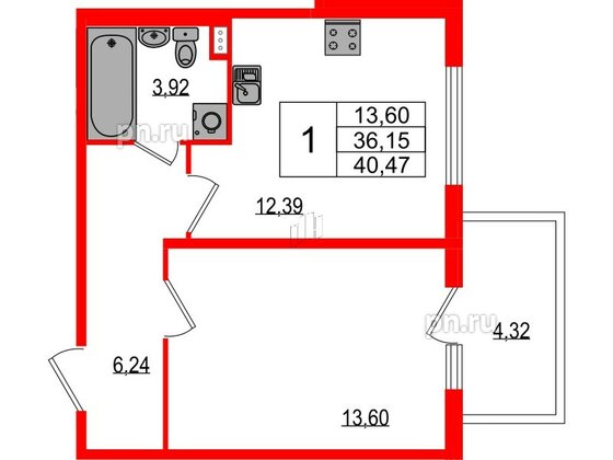 Квартира в ЖК Любоград, 1 комнатная, 36.15 м², 1 этаж