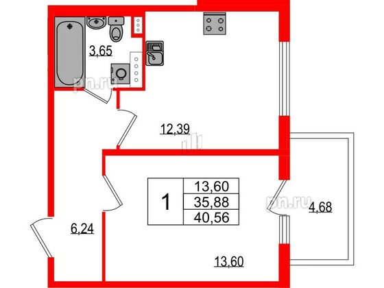 Квартира в ЖК Любоград, 1 комнатная, 35.88 м², 2 этаж