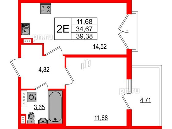 Квартира в ЖК Любоград, 1 комнатная, 34.67 м², 3 этаж