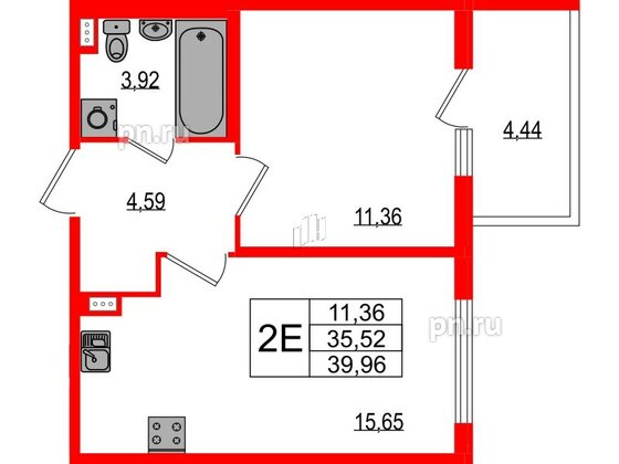 Квартира в ЖК Любоград, 1 комнатная, 35.52 м², 1 этаж