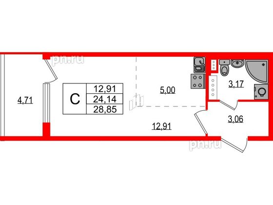 Квартира в ЖК Любоград, студия, 24.14 м², 2 этаж