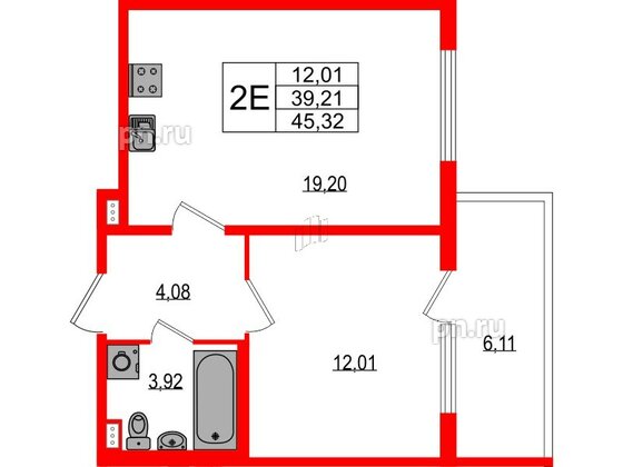 Квартира в ЖК Любоград, 1 комнатная, 39.21 м², 1 этаж