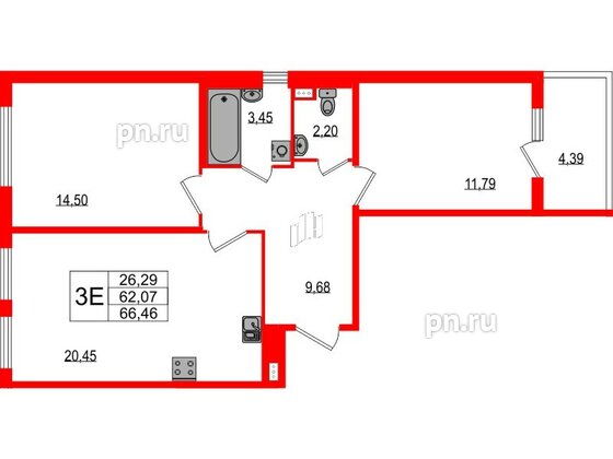 Квартира в ЖК Любоград, 2 комнатная, 62.07 м², 1 этаж