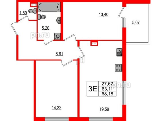 Квартира в ЖК Любоград, 2 комнатная, 63.11 м², 1 этаж