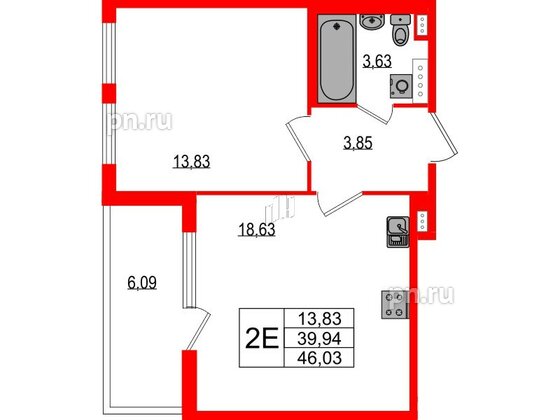 Квартира в ЖК Любоград, 1 комнатная, 39.94 м², 2 этаж