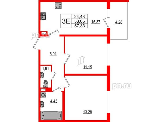 Квартира в ЖК Любоград, 2 комнатная, 53.05 м², 1 этаж