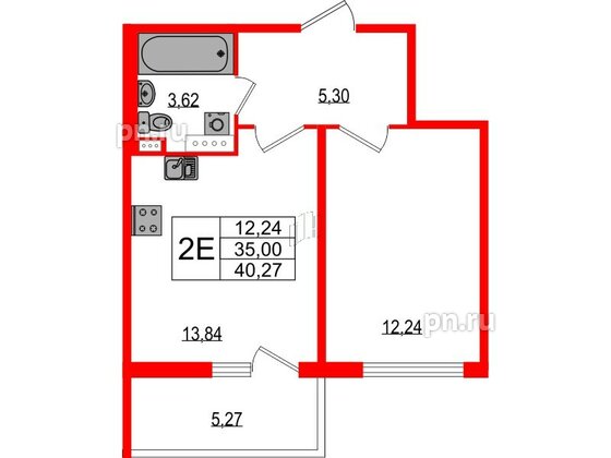 Квартира в ЖК Любоград, 1 комнатная, 35 м², 2 этаж