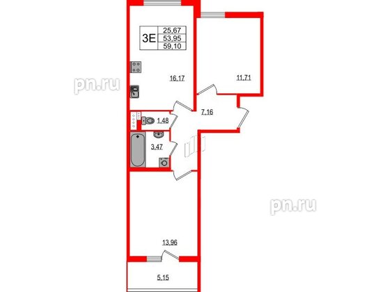 Квартира в ЖК Любоград, 2 комнатная, 53.95 м², 3 этаж