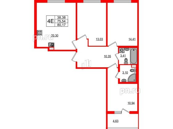 Квартира в ЖК Любоград, 3 комнатная, 75.54 м², 1 этаж