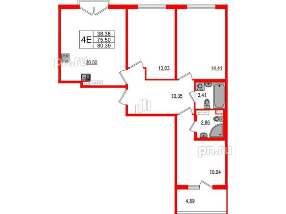 Квартира в ЖК Любоград, 3 комнатная, 75.5 м², 3 этаж