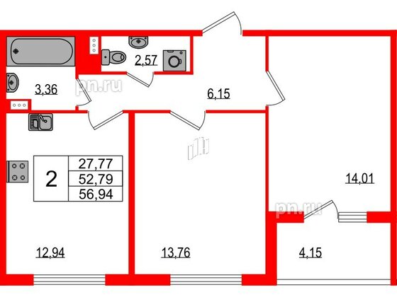 Квартира в ЖК Любоград, 2 комнатная, 52.79 м², 1 этаж