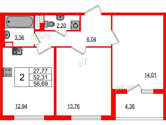 Квартира в ЖК Любоград, 2 комнатная, 52.31 м², 3 этаж