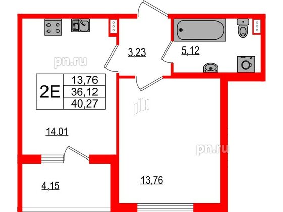 Квартира в ЖК Любоград, 1 комнатная, 36.12 м², 1 этаж