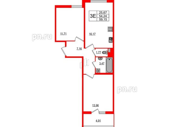 Квартира в ЖК Любоград, 2 комнатная, 54.24 м², 1 этаж