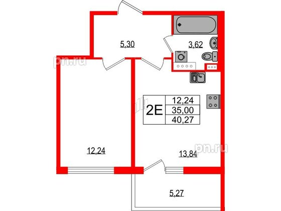 Квартира в ЖК Любоград, 1 комнатная, 35 м², 2 этаж