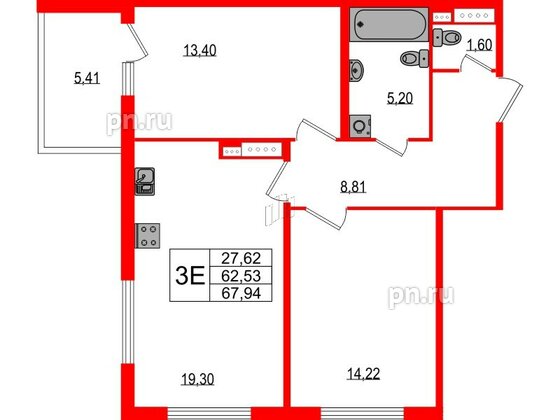 Квартира в ЖК Любоград, 2 комнатная, 62.53 м², 2 этаж