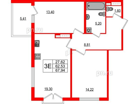 Квартира в ЖК Любоград, 2 комнатная, 62.53 м², 3 этаж