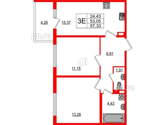 Квартира в ЖК Любоград, 2 комнатная, 53.05 м², 1 этаж