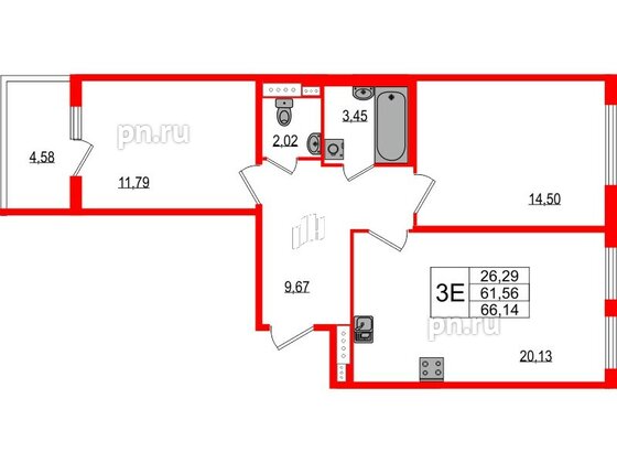 Квартира в ЖК Любоград, 2 комнатная, 61.56 м², 2 этаж