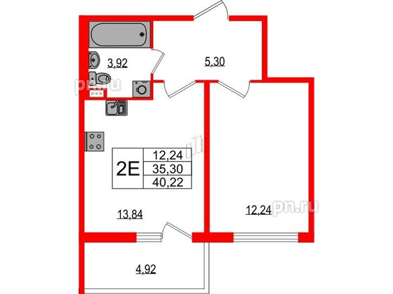 Квартира в ЖК Любоград, 1 комнатная, 35.3 м², 1 этаж