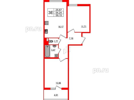 Квартира в ЖК Любоград, 2 комнатная, 54.24 м², 1 этаж