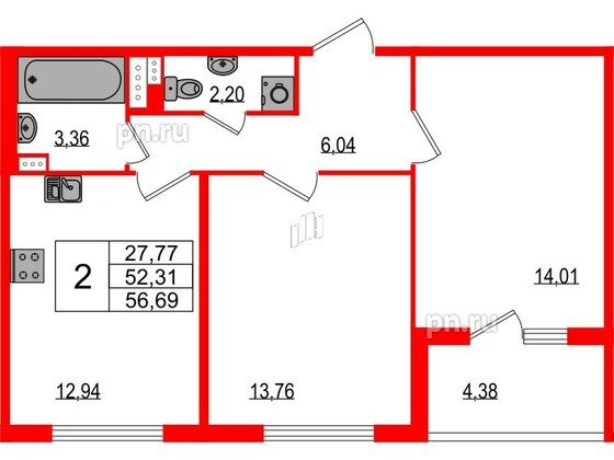 Квартира в ЖК Любоград, 2 комнатная, 52.31 м², 2 этаж