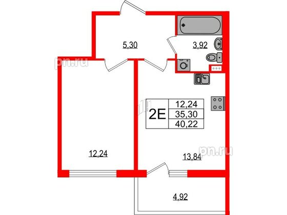 Квартира в ЖК Любоград, 1 комнатная, 35.3 м², 1 этаж