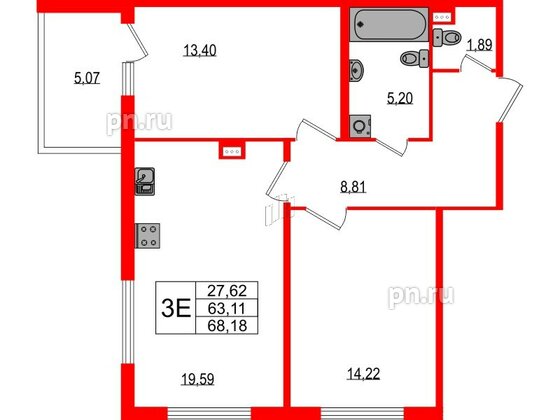 Квартира в ЖК Любоград, 2 комнатная, 63.11 м², 1 этаж