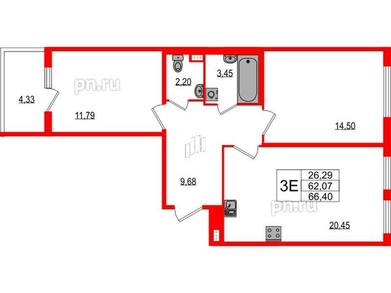 Квартира в ЖК Любоград, 2 комнатная, 62.07 м², 1 этаж