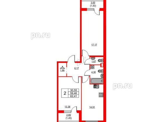 Квартира в ЖК Лайнеръ, 2 комнатная, 62.41 м², 2 этаж