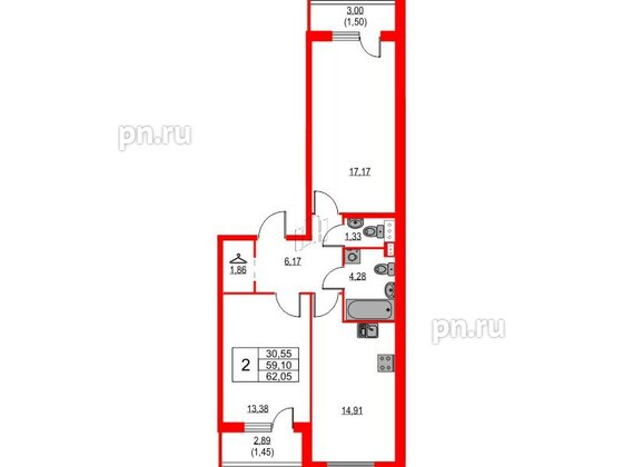 Квартира в ЖК Лайнеръ, 2 комнатная, 62.05 м², 3 этаж