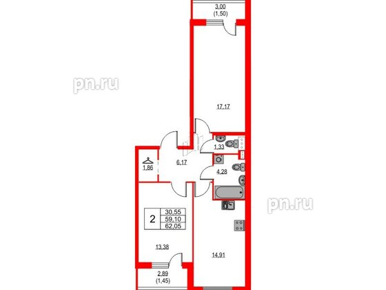 Квартира в ЖК Лайнеръ, 2 комнатная, 62.05 м², 4 этаж