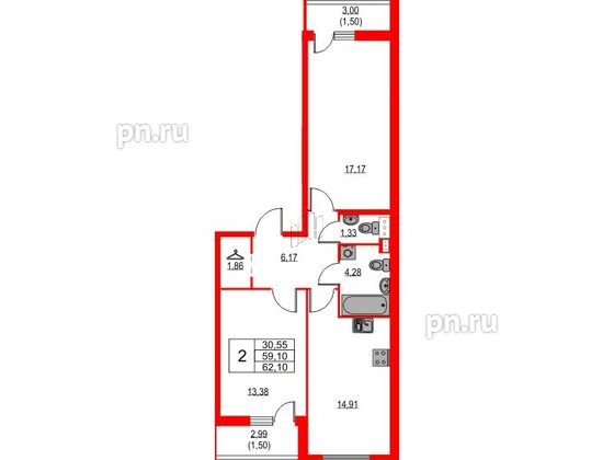 Квартира в ЖК Лайнеръ, 2 комнатная, 62.1 м², 5 этаж