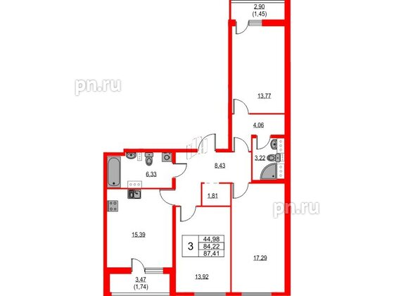 Квартира в ЖК Лайнеръ, 3 комнатная, 87.41 м², 11 этаж