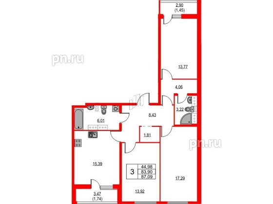 Квартира в ЖК Лайнеръ, 3 комнатная, 87.09 м², 12 этаж