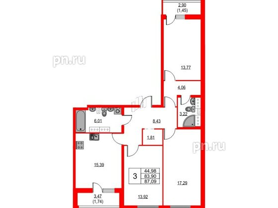 Квартира в ЖК Лайнеръ, 3 комнатная, 87.09 м², 13 этаж