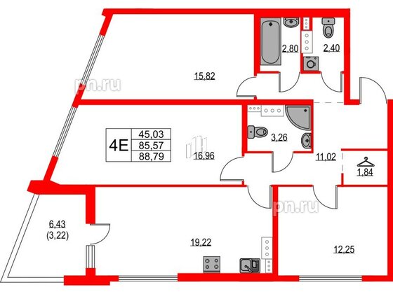 Квартира в ЖК Лайнеръ, 3 комнатная, 88.79 м², 9 этаж