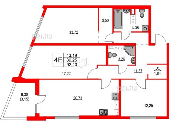 Квартира в ЖК Лайнеръ, 3 комнатная, 92.4 м², 10 этаж