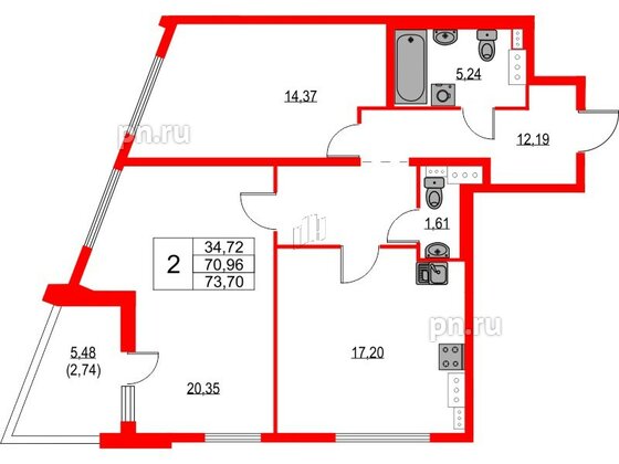 Квартира в ЖК «Лайнеръ», 2 комнатная, 73.7 м², 11 этаж