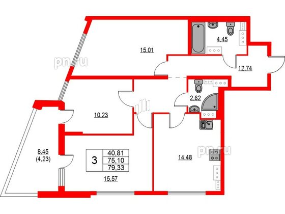 Квартира в ЖК Лайнеръ, 3 комнатная, 79.33 м², 12 этаж